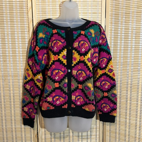Ormond Shops Vintage Black Floral Embroidered Loose Knit Cardigan Sweater Small - Picture 1 of 15